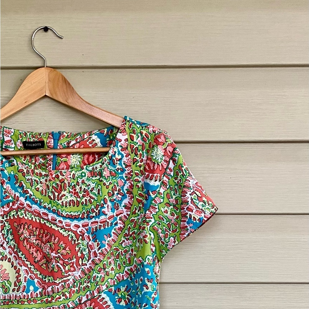 TALBOTS 100% silk sheath dress bright colors paisley preppy chic casual sz 6 EUC
